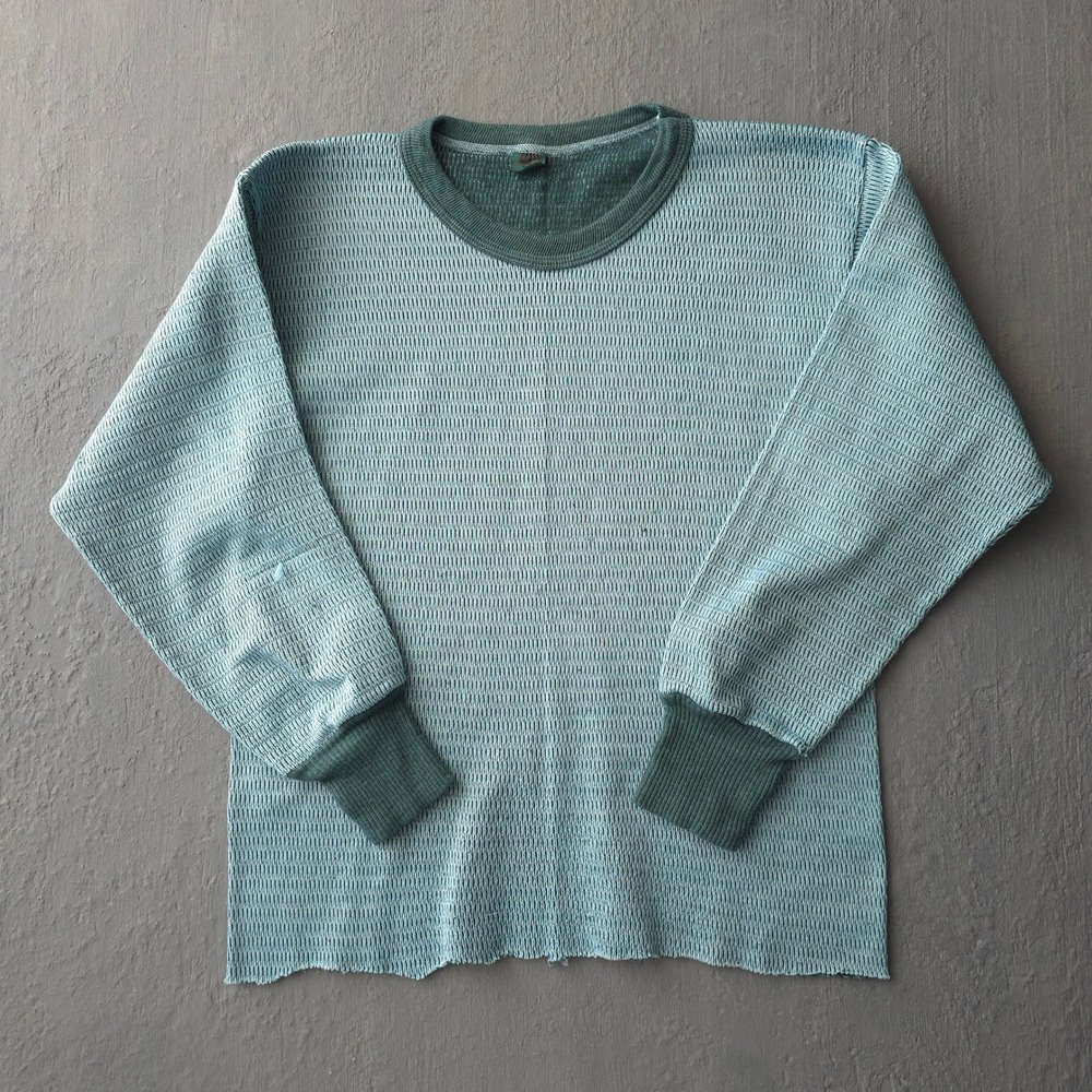 Vintage 70s Teal Hand Dyed Waffle Knit Thermal T-shirt XL Cropped Hem